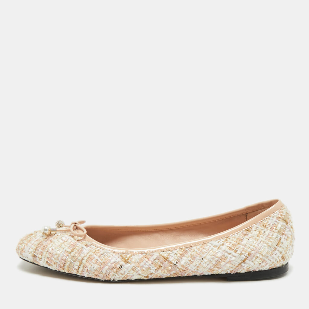 Jimmy Choo Beige Tweed and Patent Leather Bow Elme Ballet Flats Size 40