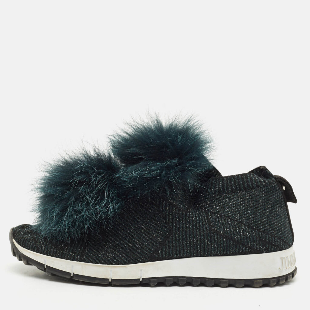 Jimmy Choo Green Knit Fabric and Mink Fur Norway Slip On Sneakers Size 37.5