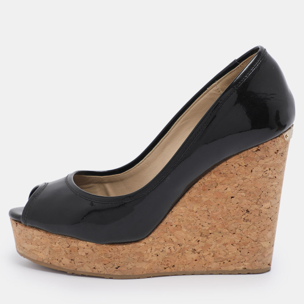 Jimmy Choo Black Patent Papina Open Toe Cork Wedge Pumps Size 38 Jimmy Choo Black Patent Papina Open Toe Cork Wedge Pumps Size 38