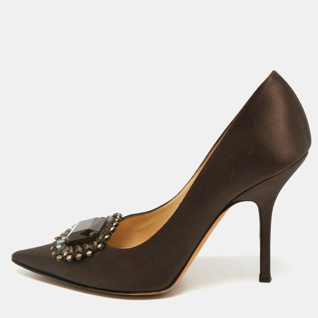 Jimmy Choo Dark Brown Satin Embellished Pointed Toe Pumps Size 40