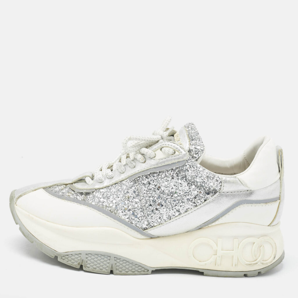 Jimmy Choo Multicolor Glitter and Leather Raine Lace Up Sneakers Size 37