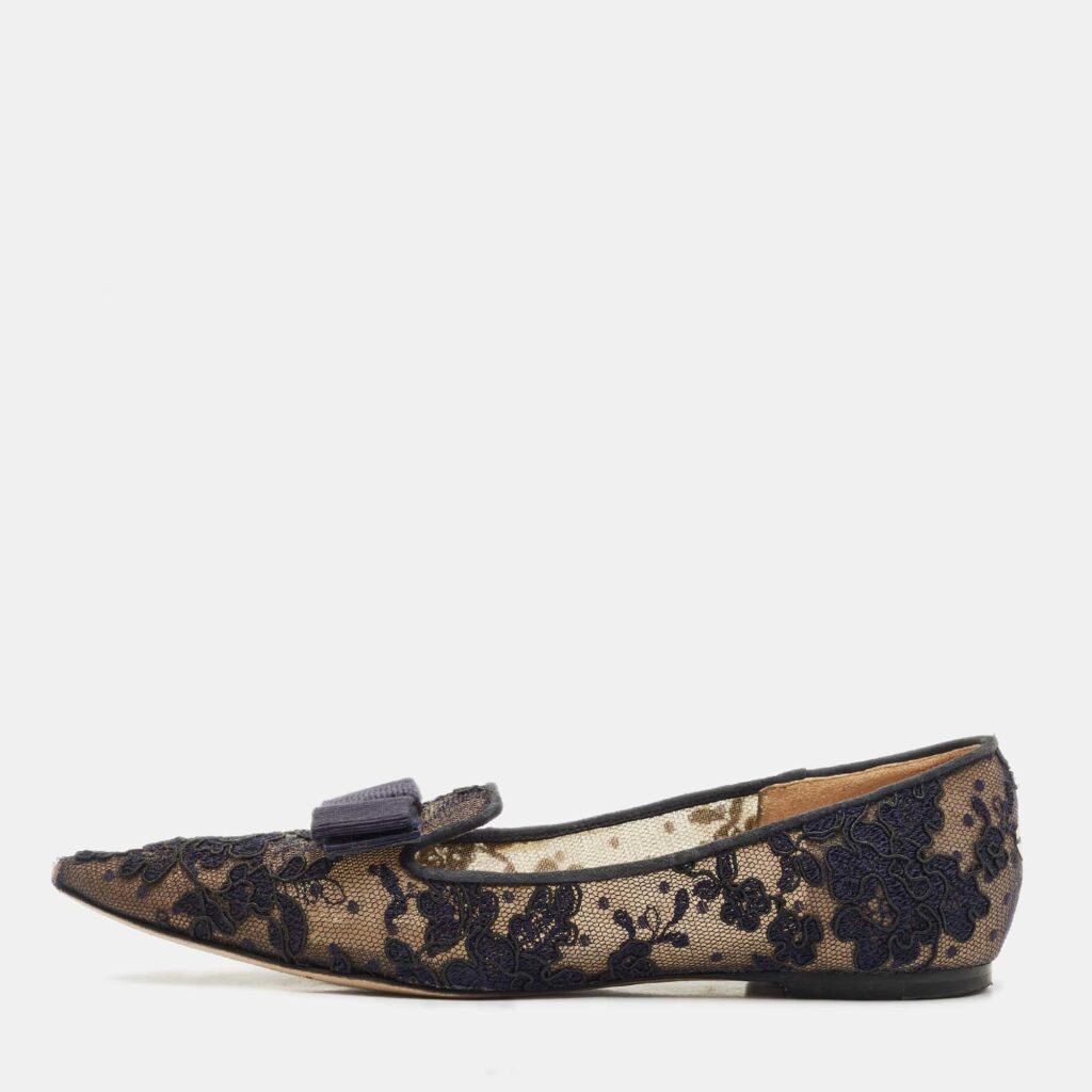 Jimmy Choo Blue Lace and Mesh Gala Bow Ballet Flats Size 36