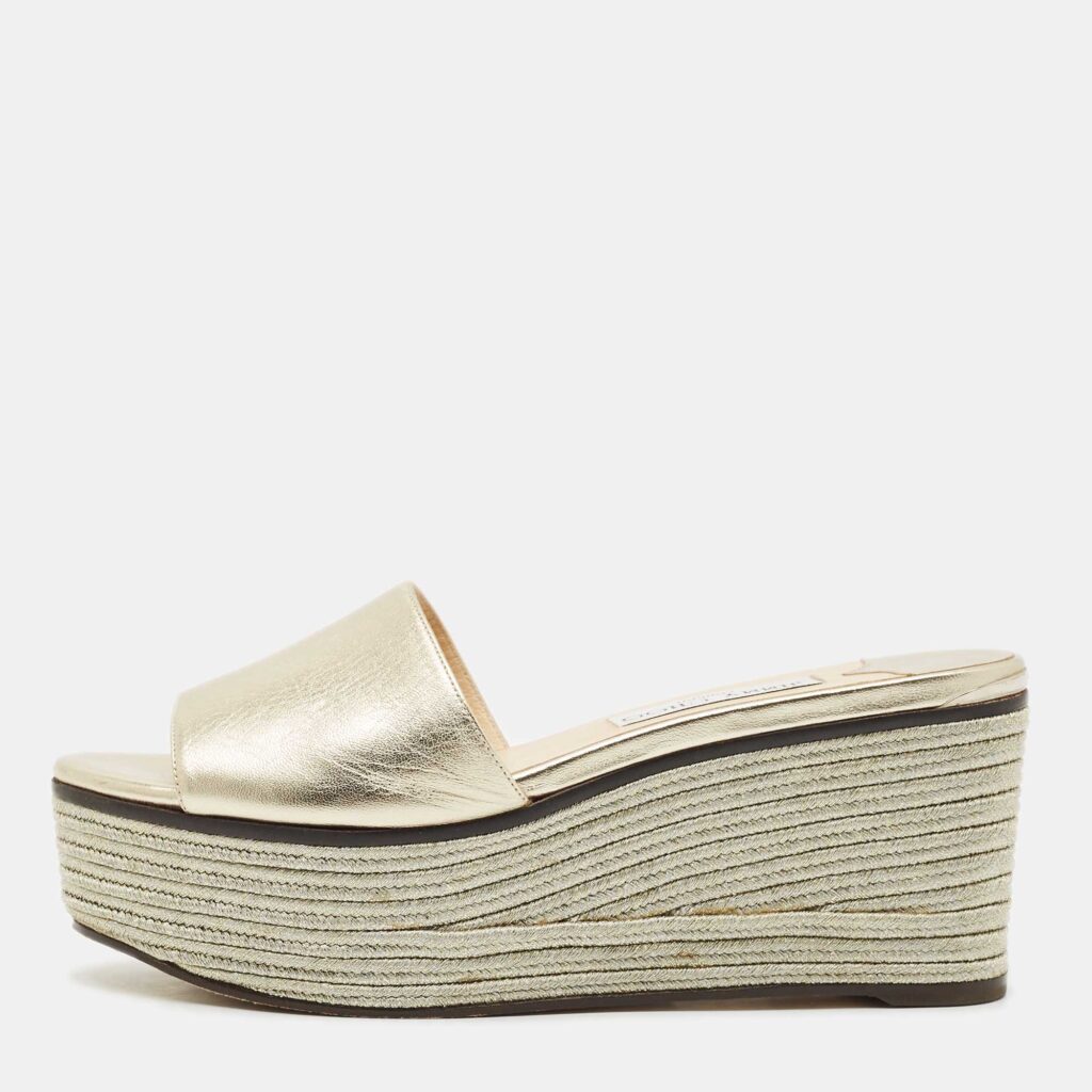 Jimmy Choo Gold Leather Wedge Espadrille Slide Sandals Size 38 Jimmy Choo Gold Leather Wedge Espadrille Slide Sandals Size 38
