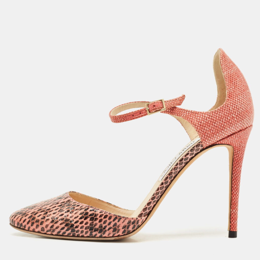 Jimmy Choo Pink/Brown Watersnake and Fabric Ankle Strap Sandals Size 39.5 Jimmy Choo Pink/Brown Watersnake and Fabric Ankle Strap Sandals Size 39.5
