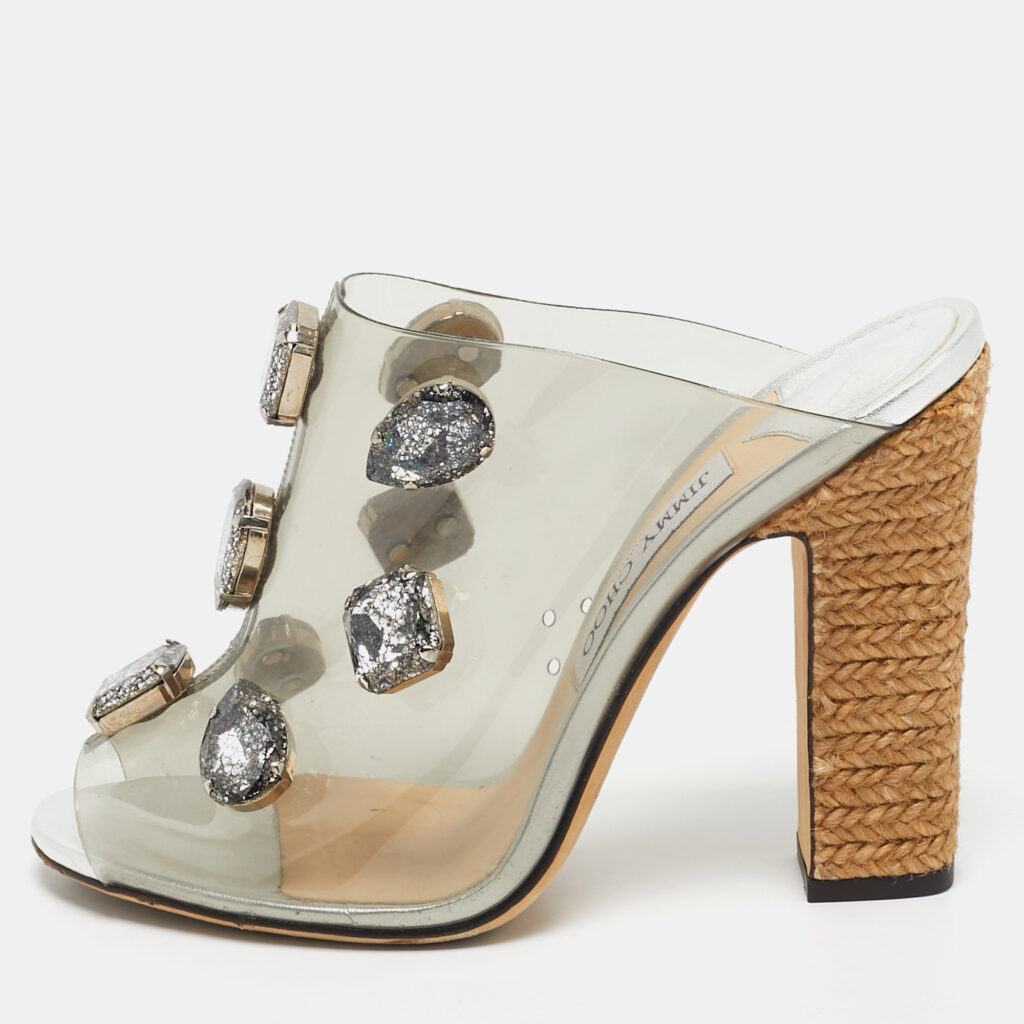 Jimmy Choo Silver PVC Crystal Embellished Mule Sandals Size 39 Jimmy Choo Silver PVC Crystal Embellished Mule Sandals Size 39