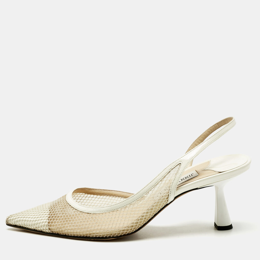 Jimmy Choo White Mesh and Patent Leather Fetto Slingback Pumps Size 41