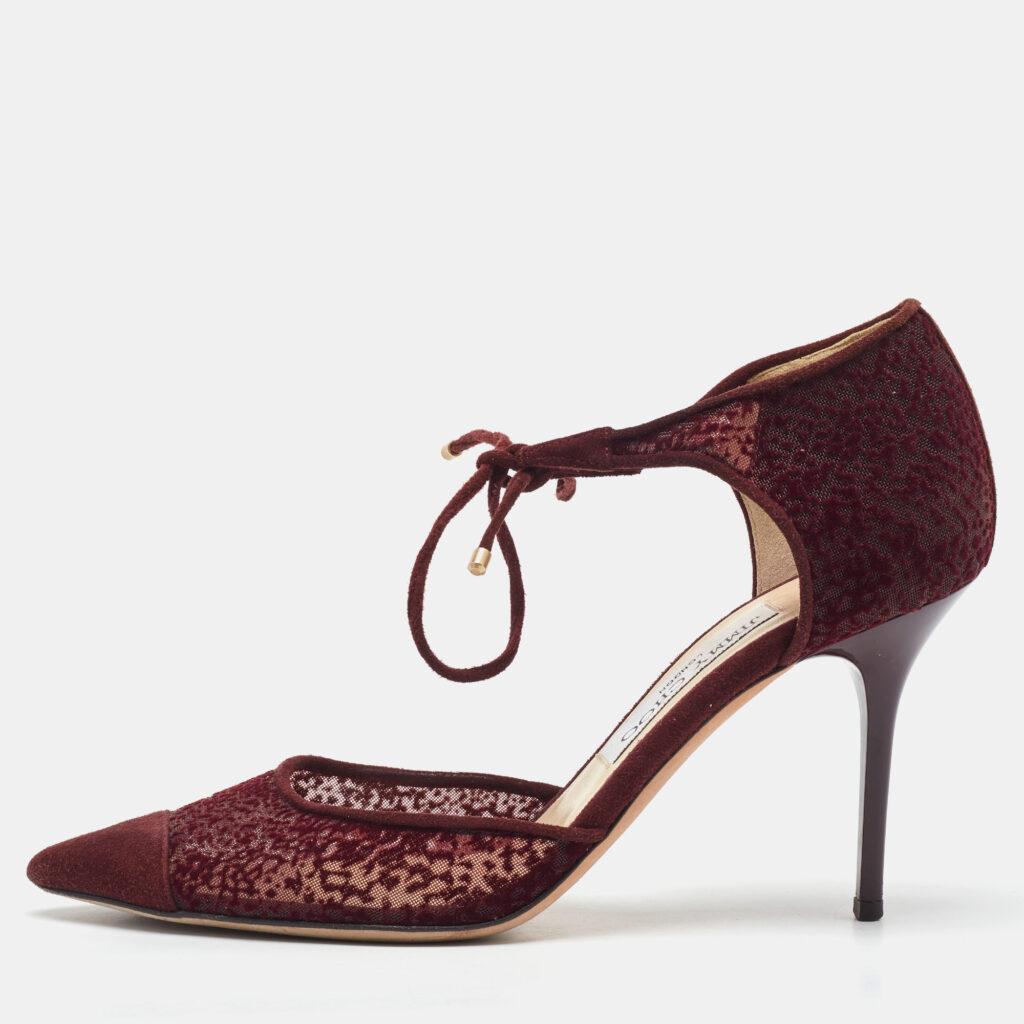 Jimmy Choo Burgundy Velvet Mesh and Suede Vince Ankle Tie Sandals Size 37.5