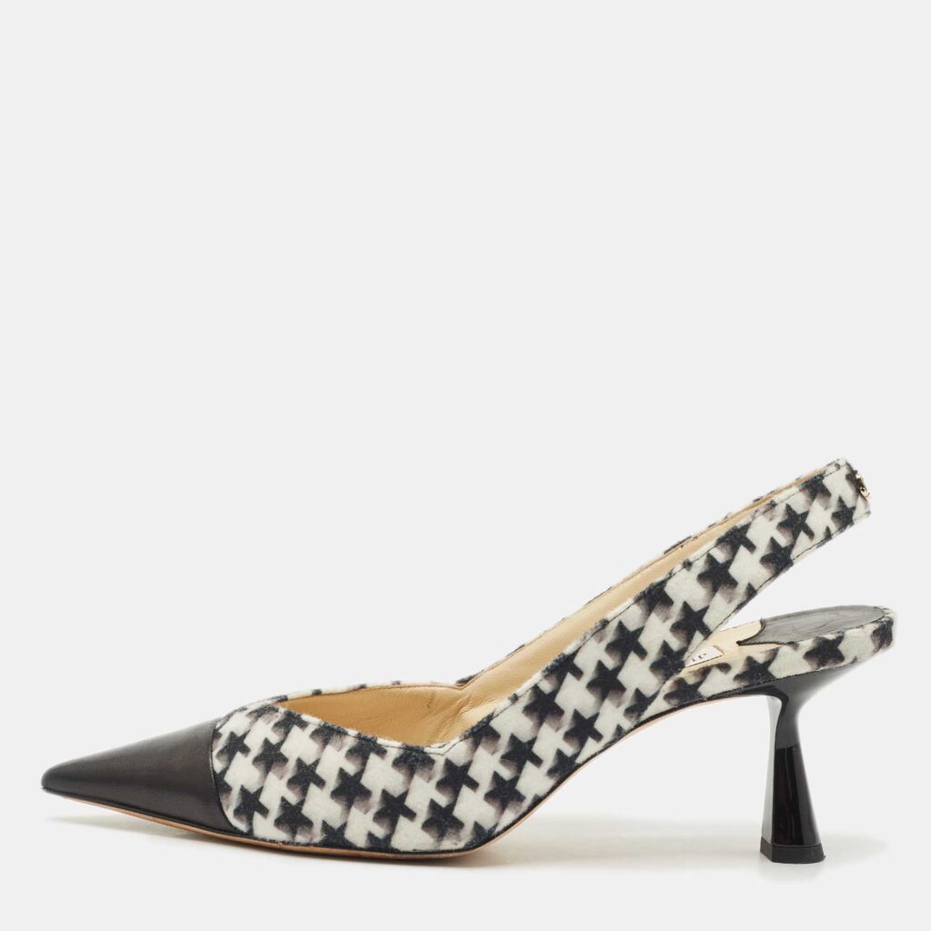 Jimmy Choo Black/White Houndstooth Fabric and Leather Liya Slingback Pumps Size 40 Jimmy Choo Black/White Houndstooth Fabric and Leather Liya Slingback Pumps Size 40