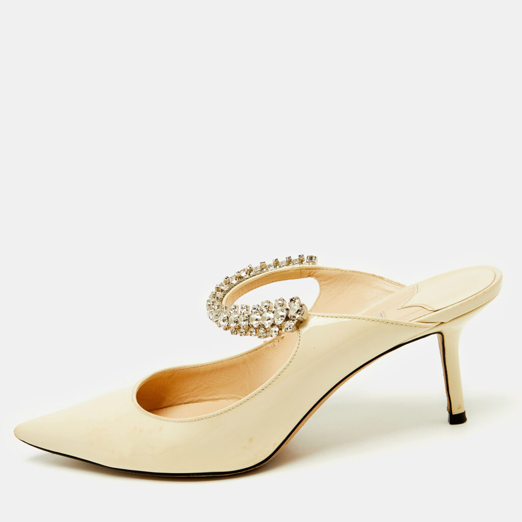 Jimmy Choo Beige Patent Leather Bing Crystal Embellished Pointed Toe Mules Size 38