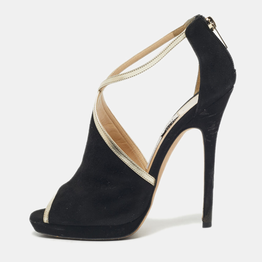 Jimmy Choo Black Suede and Leather Fey Ankle Strap Sandals Size 36.5