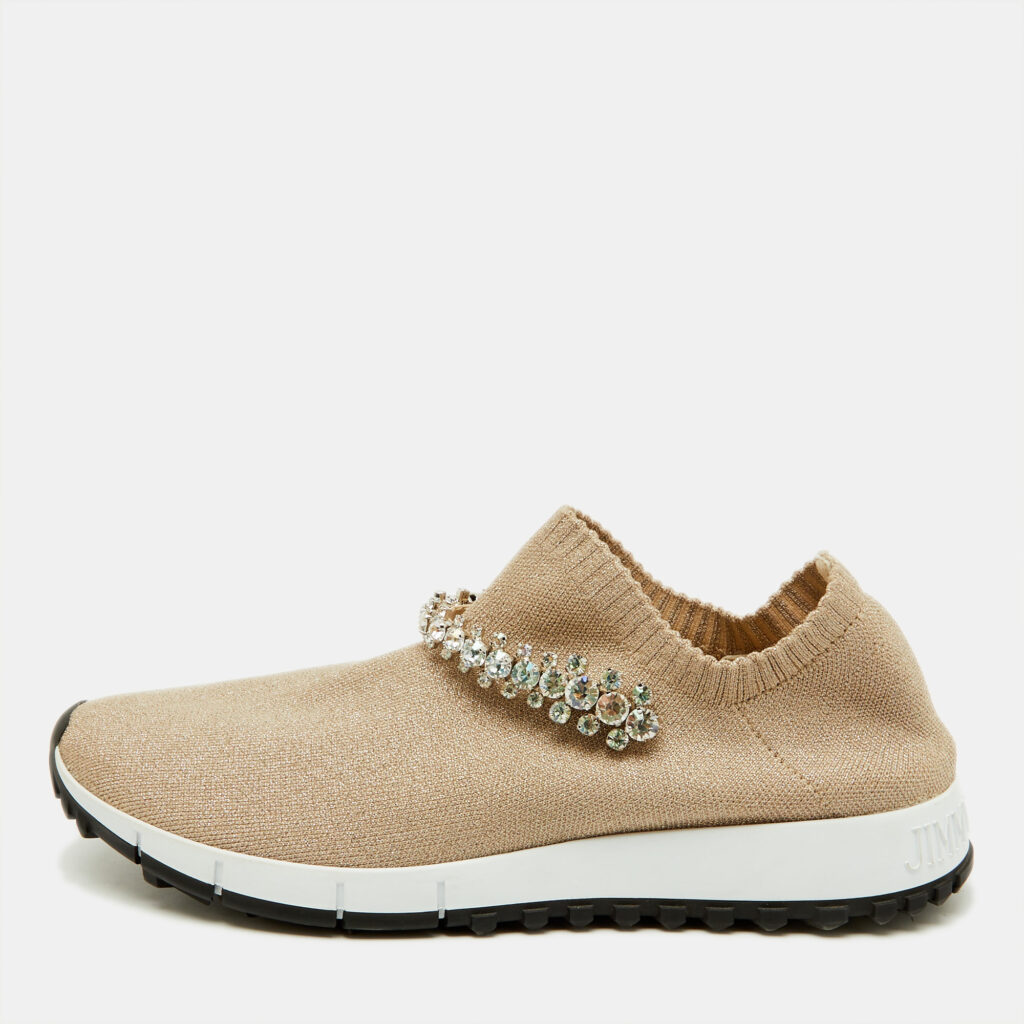 Jimmy Choo Beige Knit Fabric Crystal Embellished Verona Sneakers Size 37