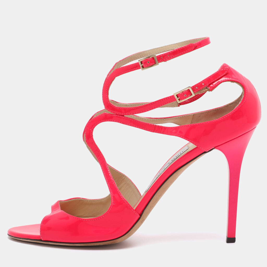 Jimmy Choo Neon Pink Patent Leather Lance Ankle Strap Sandals Size 42