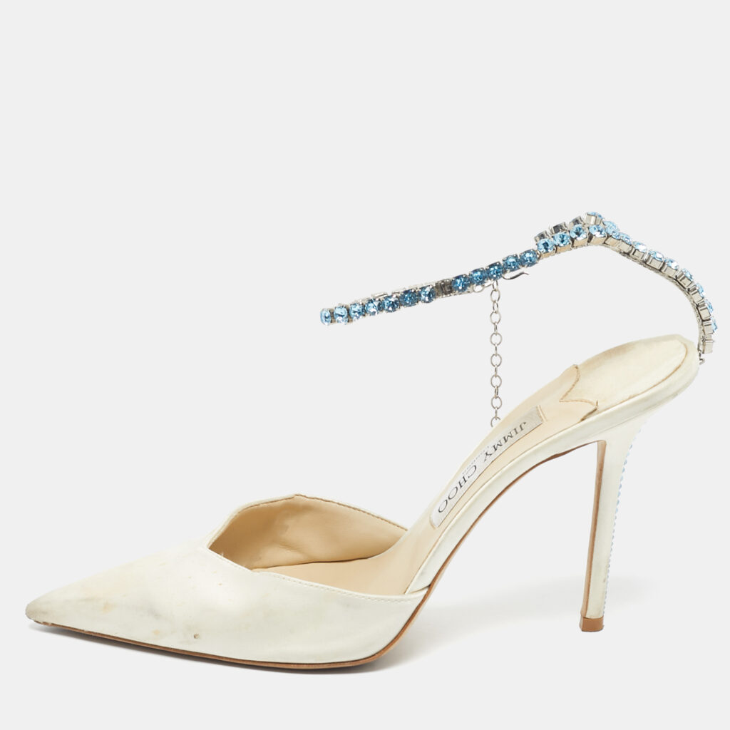 Jimmy Choo Off White Satin Saeda Crystals Ankle Strap Pumps Size 40 Jimmy Choo Off White Satin Saeda Crystals Ankle Strap Pumps Size 40