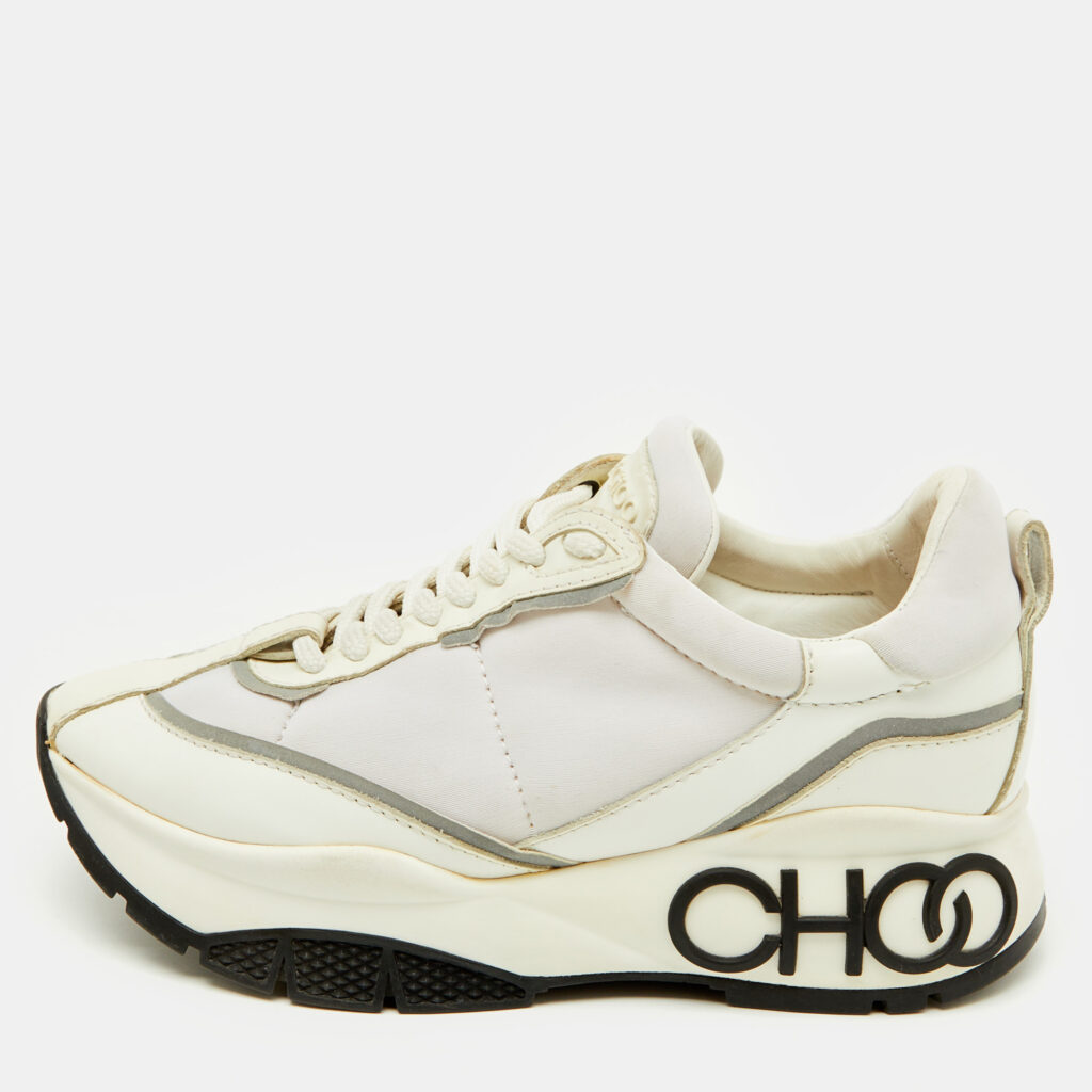 Jimmy Choo White Neoprene and Leather Raine Lace Up Sneakers Size 35.5 Jimmy Choo White Neoprene and Leather Raine Lace Up Sneakers Size 35.5