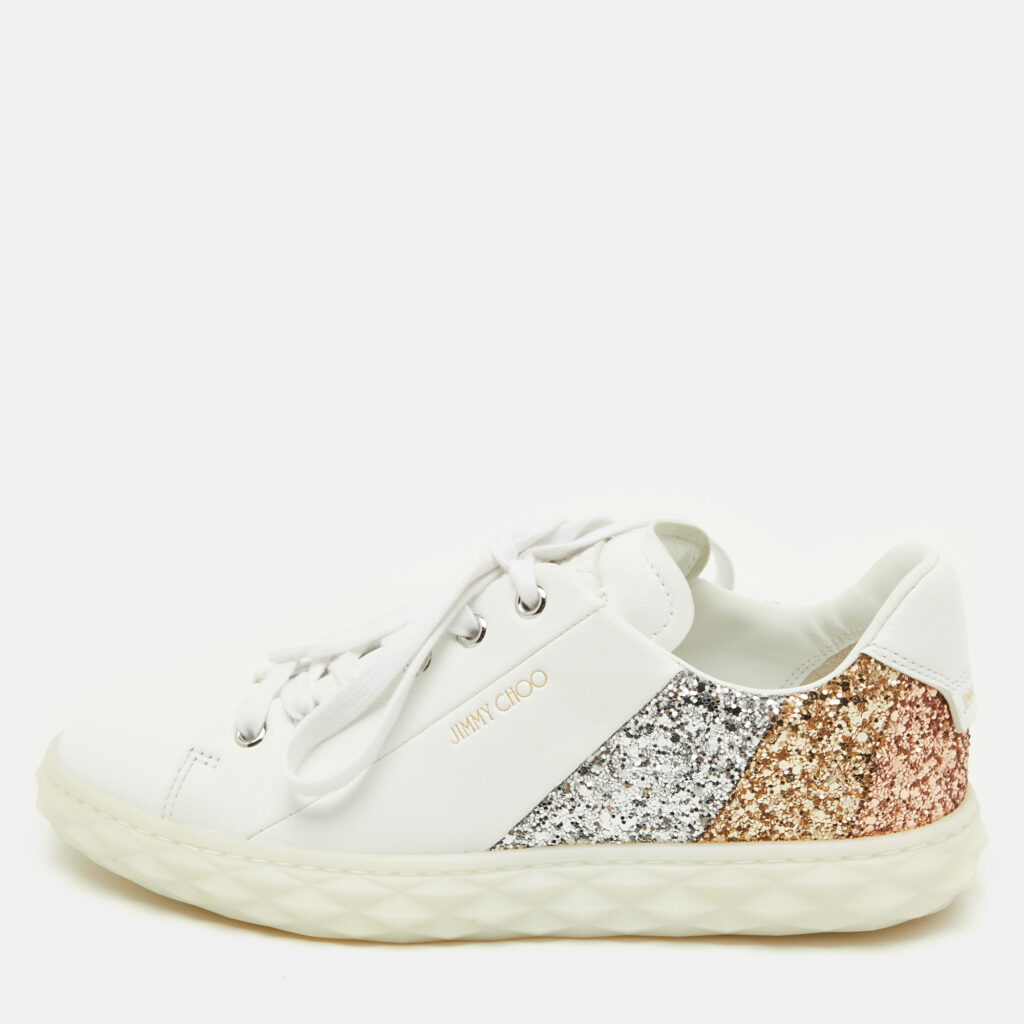 Jimmy Choo White Leather and Glitter Detail Diamond Low Top Sneakers Size 37 Jimmy Choo White Leather and Glitter Detail Diamond Low Top Sneakers Size 37
