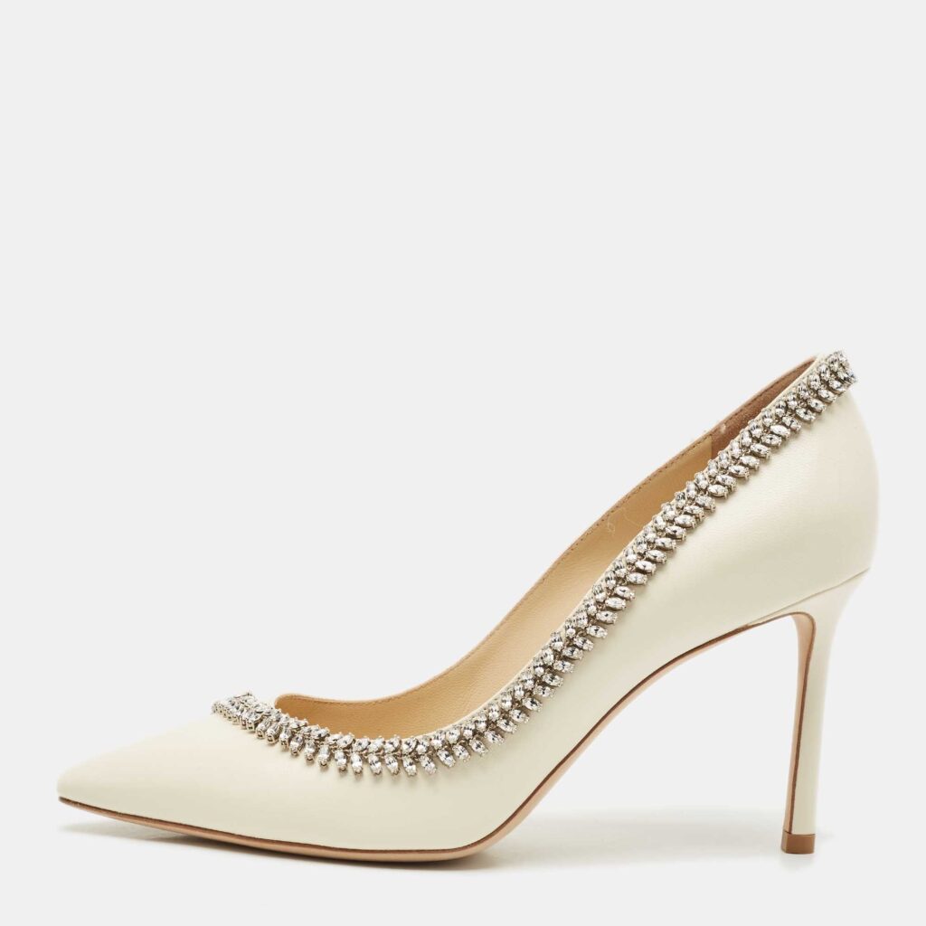 Jimmy Choo Cream Leather Crystal Embellished Romy Pointed Toe Pumps Size 38