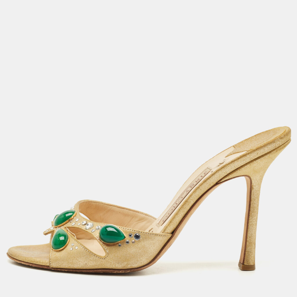 Jimmy Choo Gold Texture Suede Crystal Embellished Slide Sandals Size 36.5