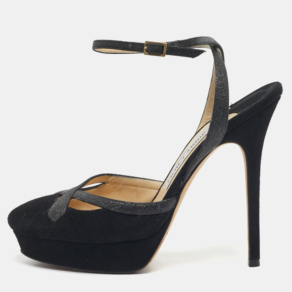 Jimmy Choo Black Glitter and Suede Platform Ankle Wrap Pumps Size 37 Jimmy Choo Black Glitter and Suede Platform Ankle Wrap Pumps Size 37