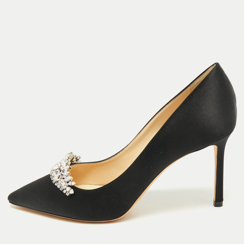 Jimmy Choo Black Satin Crystal Embellished Pumps Size 38 Jimmy Choo Black Satin Crystal Embellished Pumps Size 38