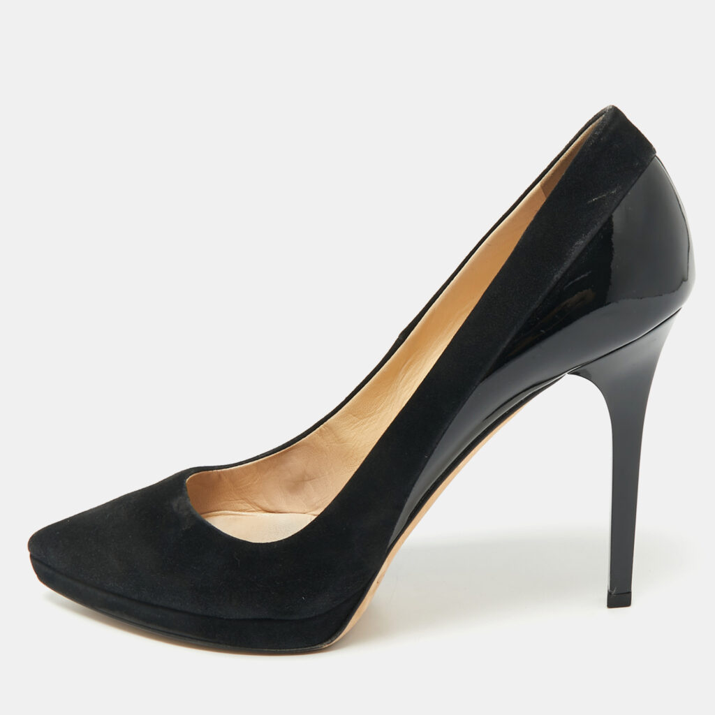 Jimmy Choo Black Suede and Patent Leather Pointed Toe Pumps Size 39.5