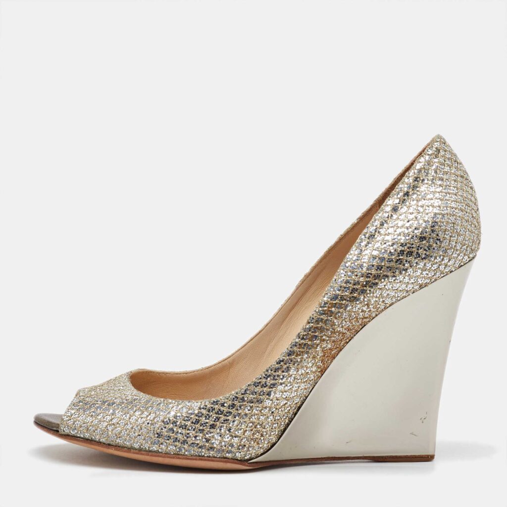 Jimmy Choo Metallic Coarse Glitter Baxen Peep Toe Wedge Pumps Size 39