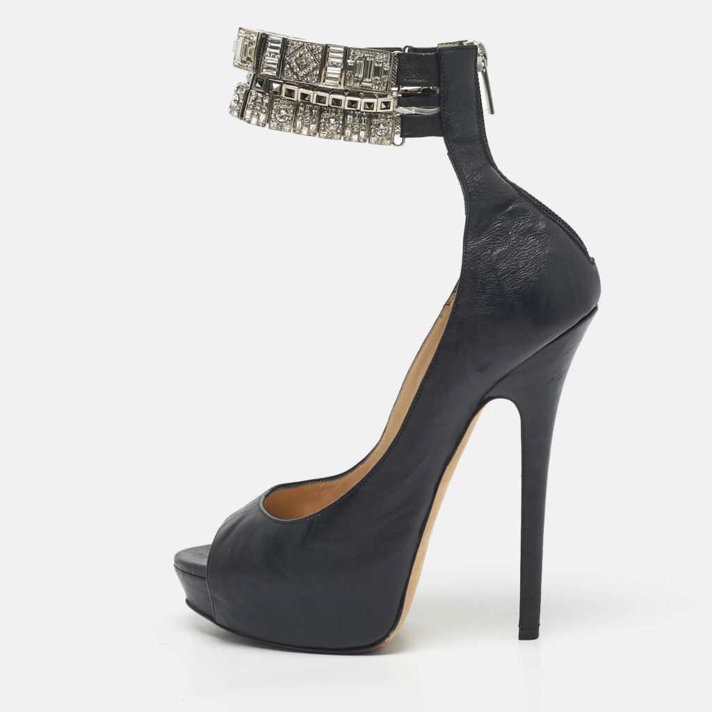 Jimmy Choo Black Leather Crystal Embellished Ankle Cuff Pumps Size 40 Jimmy Choo Black Leather Crystal Embellished Ankle Cuff Pumps Size 40