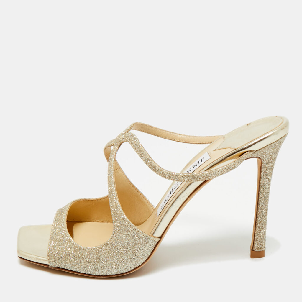 Jimmy Choo Metallic Gold Coarse Glitter Anise Slide Sandals Size 36