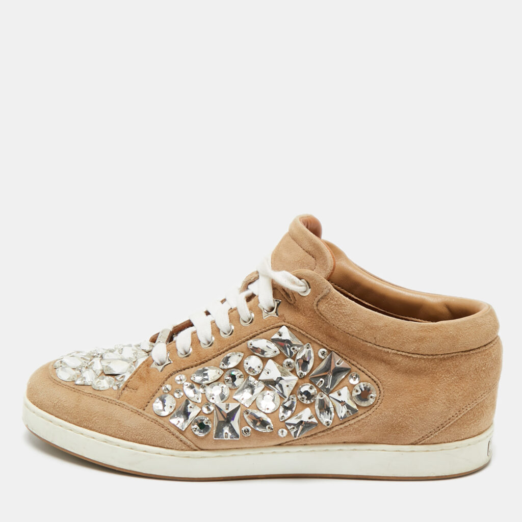 Jimmy Choo Beige Suede Miami Crystal Embellished Low Top Sneakers Size 38 Jimmy Choo Beige Suede Miami Crystal Embellished Low Top Sneakers Size 38