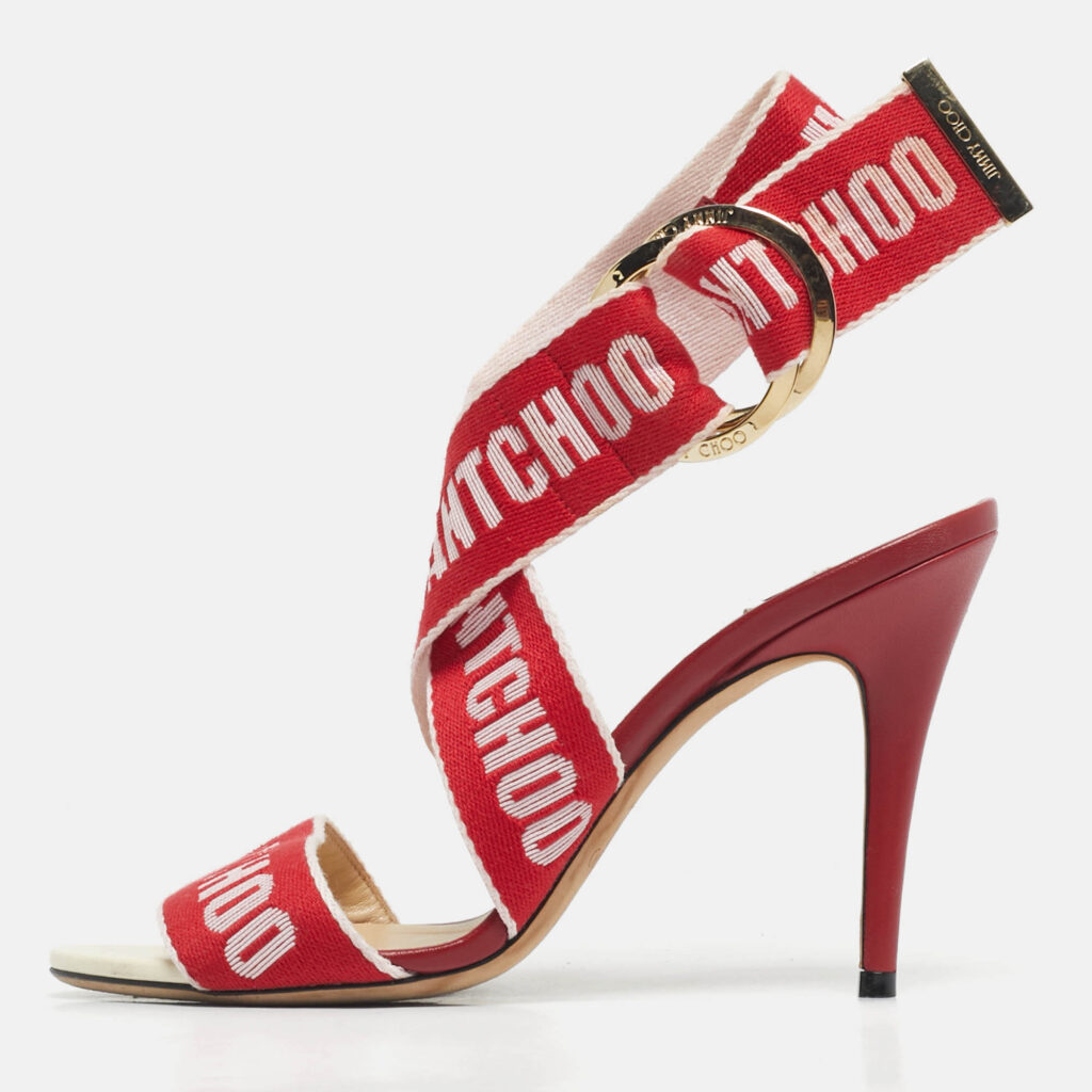 Jimmy Choo Red Canvas Bailey Ankle Wrap Sandals Size 38