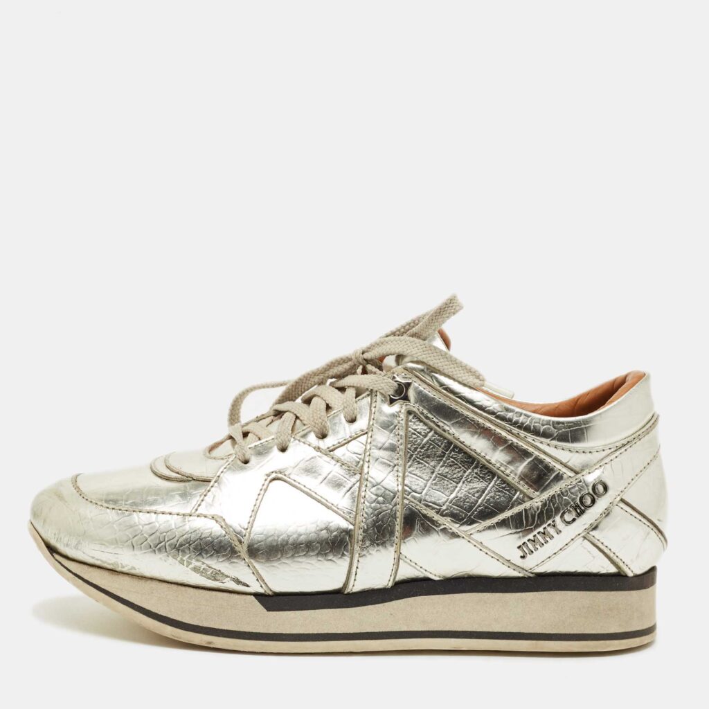 Jimmy Choo Gold Croc Embossed Leather Miami Lace Up Sneakers Size 37.5 Jimmy Choo Gold Croc Embossed Leather Miami Lace Up Sneakers Size 37.5