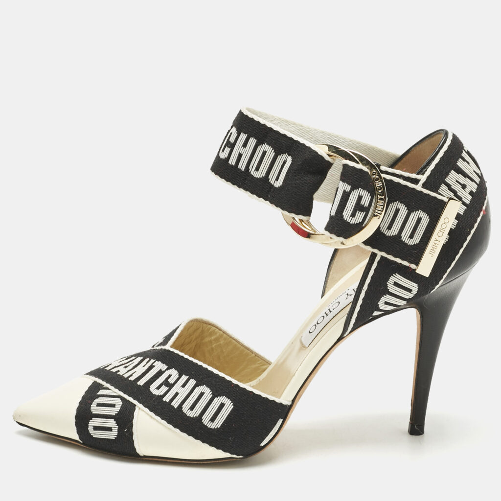 Jimmy Choo Black Canvas and Leather Pointed Toe Ankle Strap Pumps Size 40 Jimmy Choo Black Canvas and Leather Pointed Toe Ankle Strap Pumps Size 40