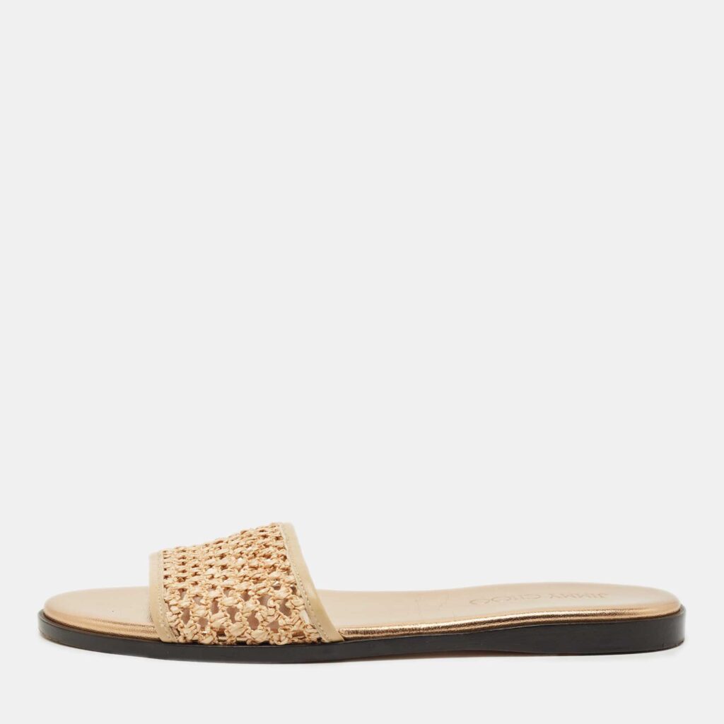 Jimmy Choo Beige Leather and Raffia Flat Slides Size 38 Jimmy Choo Beige Leather and Raffia Flat Slides Size 38