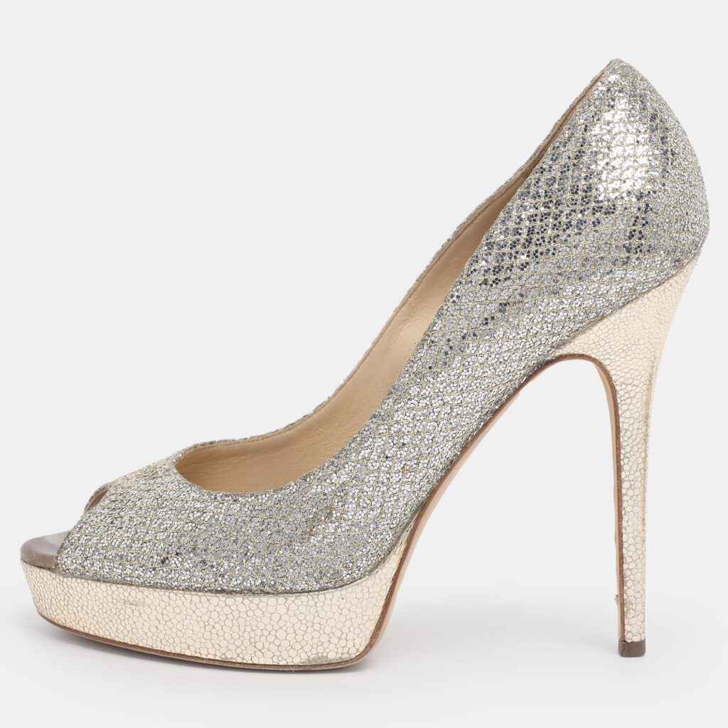 Jimmy Choo Metallic Silver/Gold Lamé Fabric And Glitter Dahlia Platform Pumps Size 40 Jimmy Choo Metallic Silver/Gold Lamé Fabric And Glitter Dahlia Platform Pumps Size 40