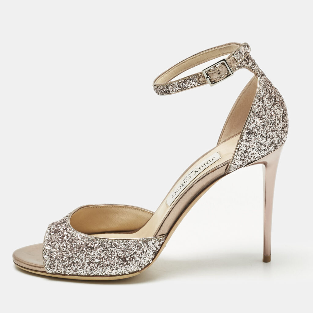 Jimmy Choo Metallic Coarse Glitter Annie Peep Toe Ankle Strap Sandals Size 39
