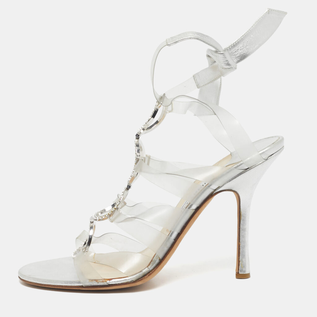 Jimmy Choo Silver Leather and PVC Strappy Tie Up Sandals Size 39 Jimmy Choo Silver Leather and PVC Strappy Tie Up Sandals Size 39