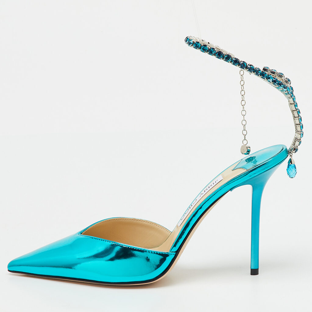 Jimmy Choo Blue Patent Leather Saeda Crystal Pointed Toe Pumps Size 38.5