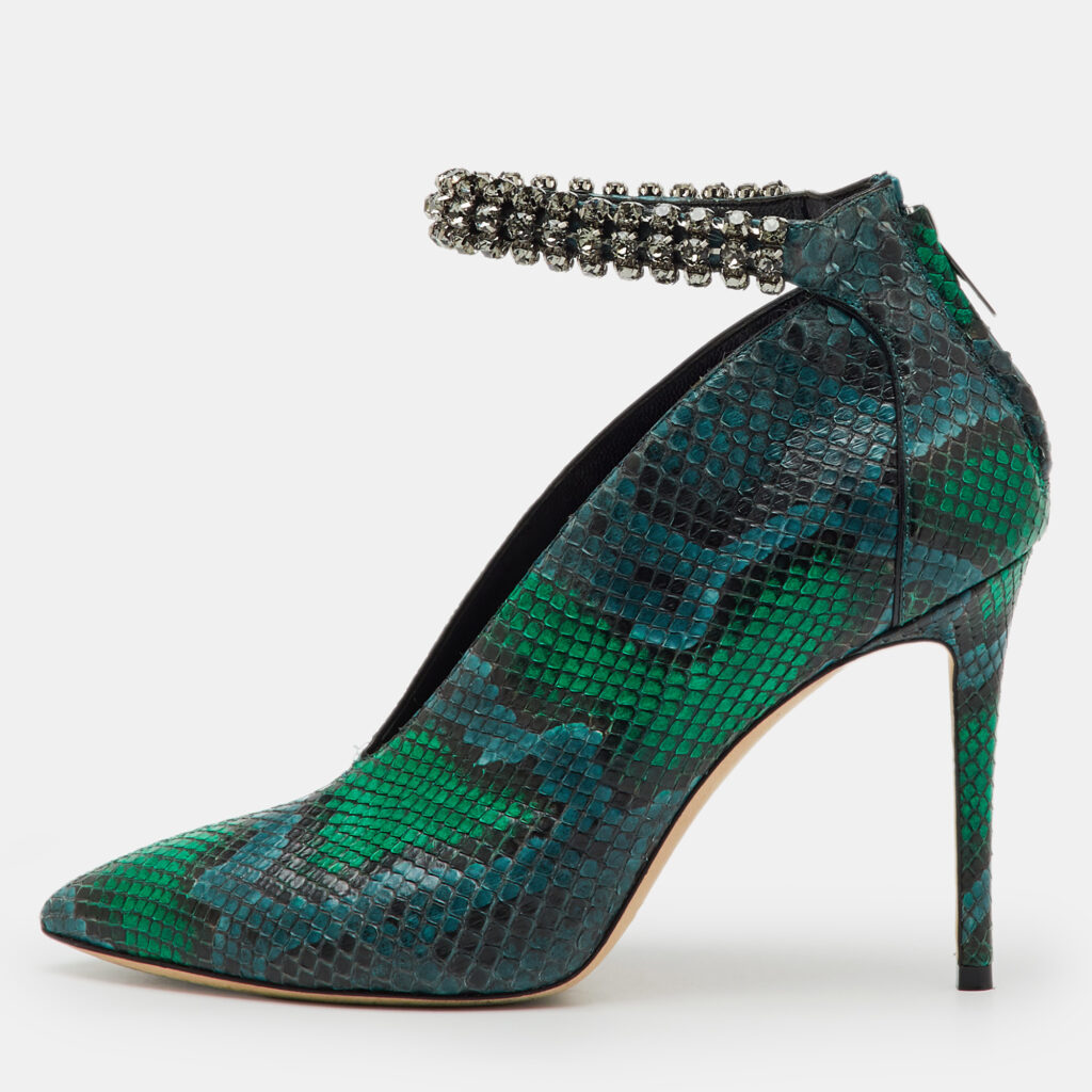 Jimmy Choo Green/Blue Snakeskin Vamp Crystal Embellished Ankle Strap Pumps Size 38