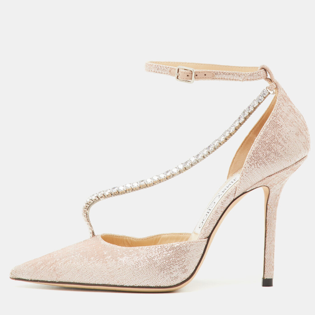 Jimmy Choo Metallic Lurex Fabric Talika Crystal Embellished Ankle Strap Pumps Size 36