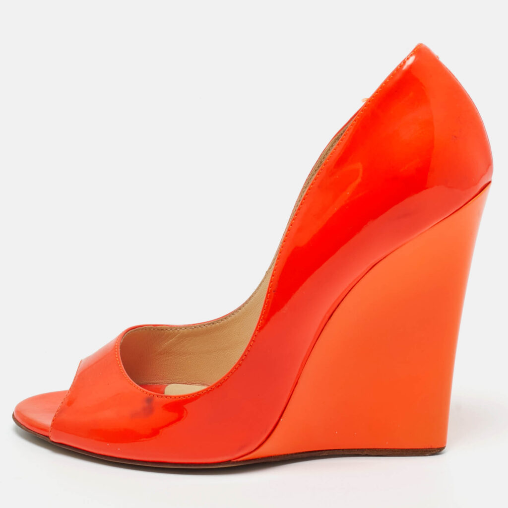 Jimmy Choo Orange Patent Leather Wedge Peep Toe Pumps Size 37