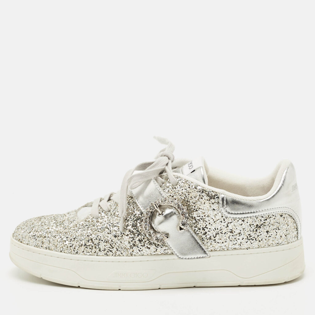 Jimmy Choo Silver Glitter and Leather Osaka Sneakers Size 41 Jimmy Choo Silver Glitter and Leather Osaka Sneakers Size 41