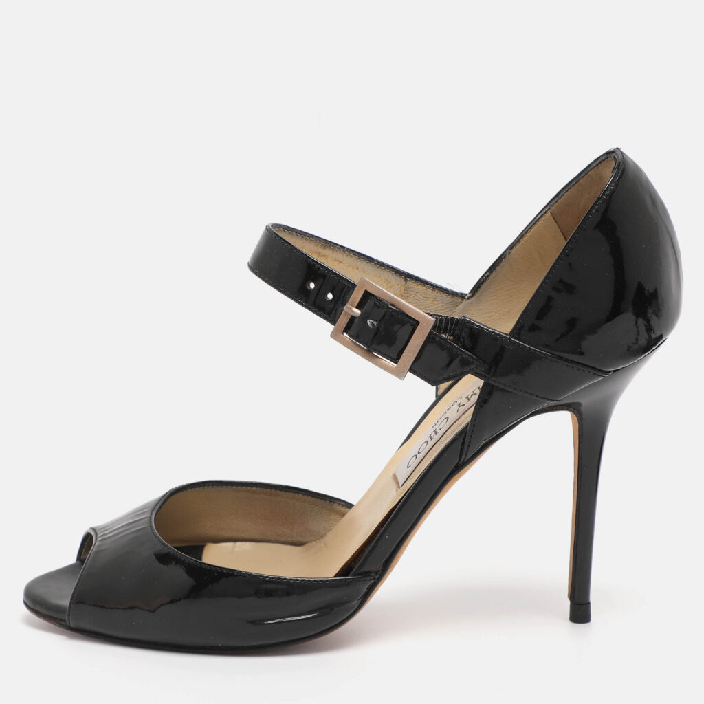 Jimmy Choo Black Patent Leather Ankle Strap Pumps Size 38.5
