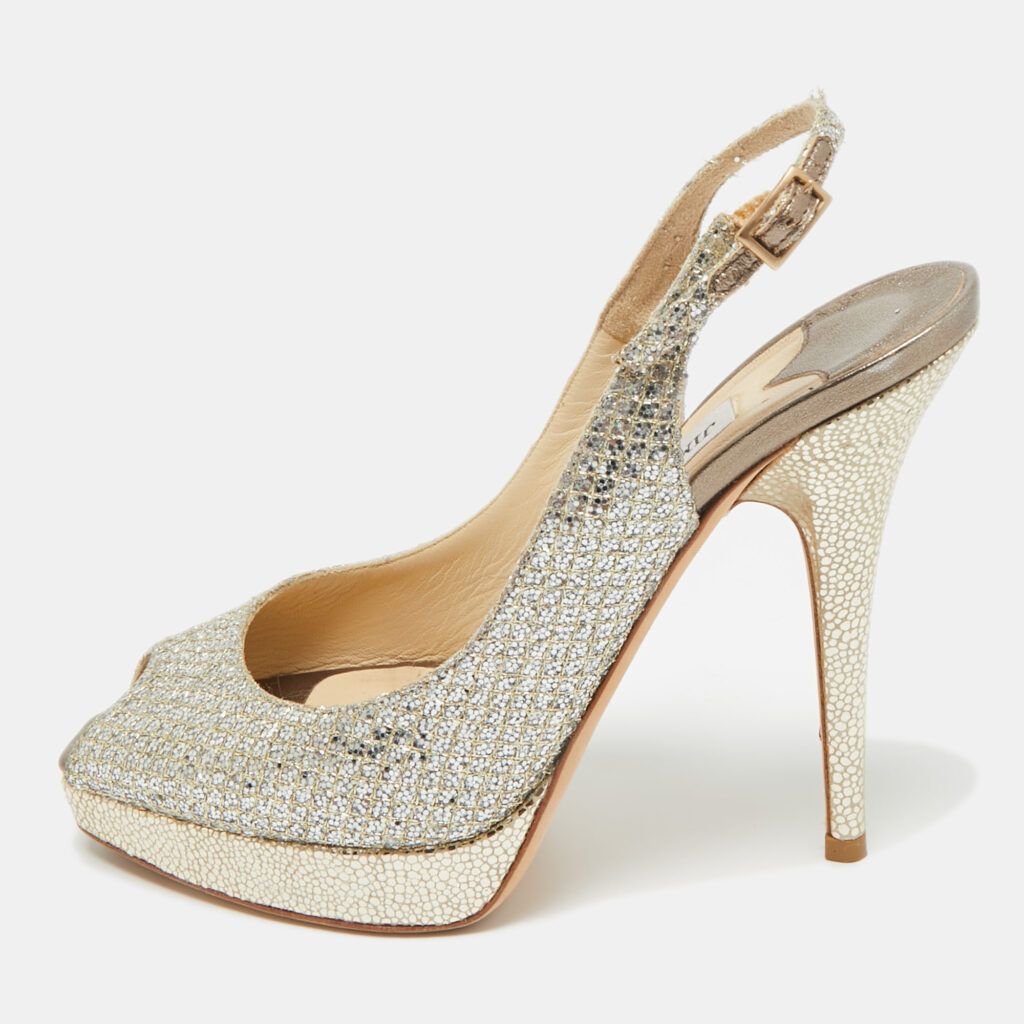 Jimmy Choo Gold Glitter Accents Peep Toe Slingback Pumps Size 36