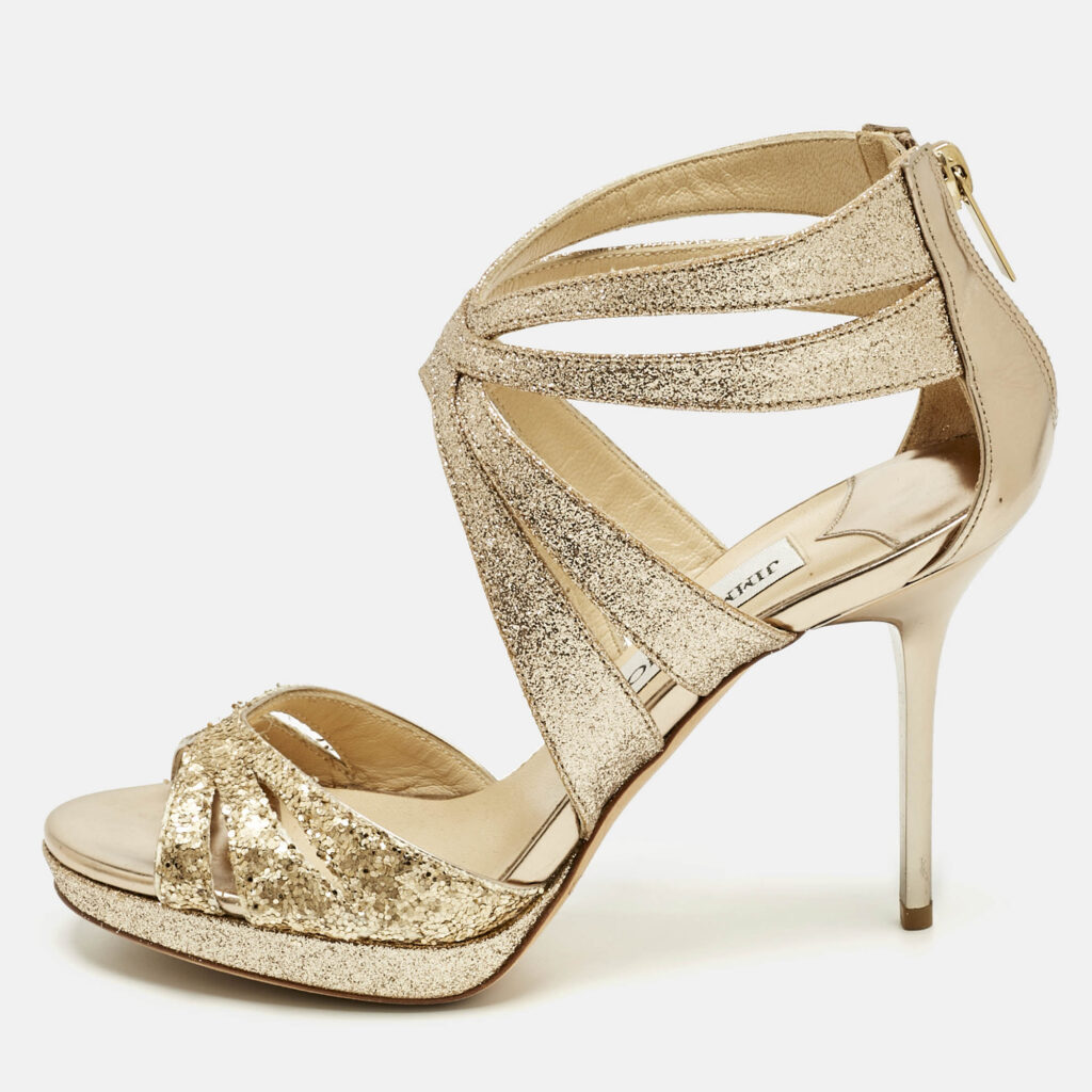 Jimmy Choo Gold Glitter and Leather Strappy Sandals Size 35.5