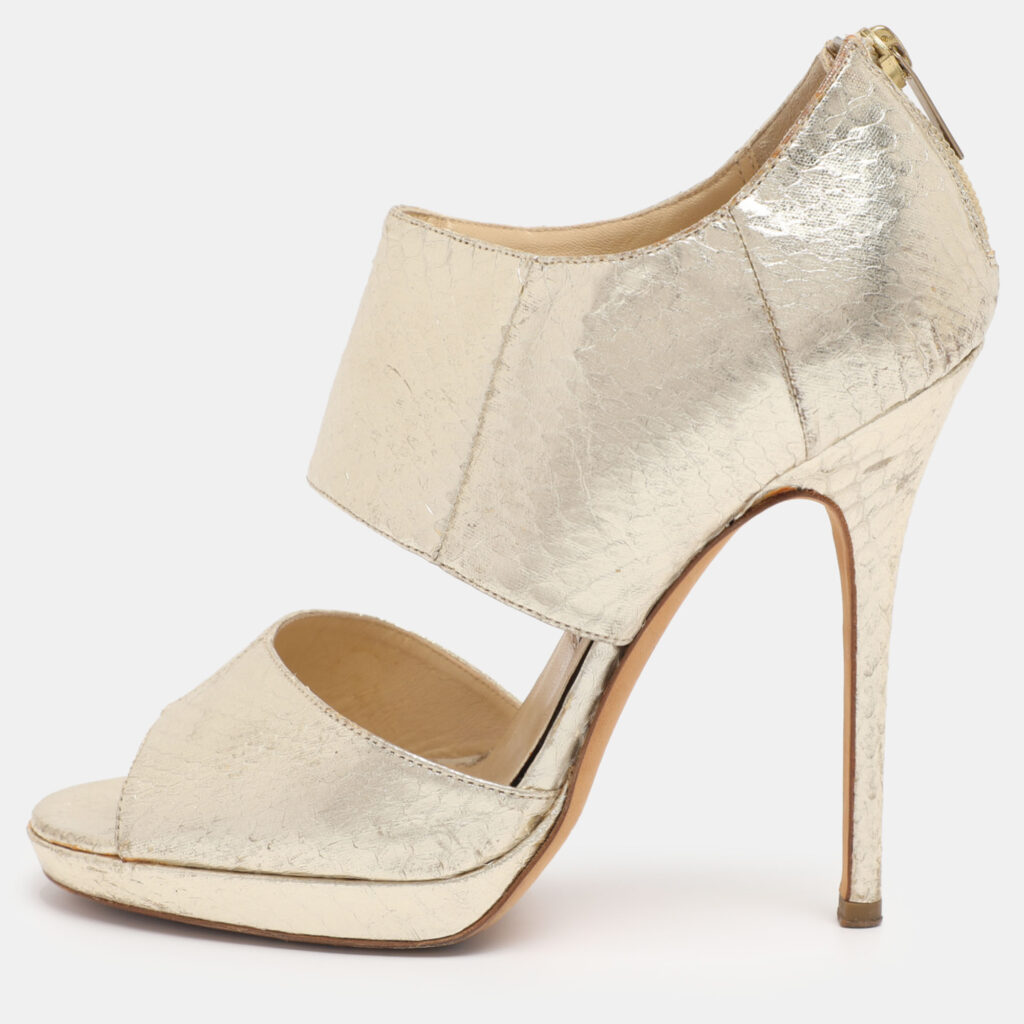 Jimmy Choo Gold Python Embossed Leather Private Peep Toe Sandals Size 38