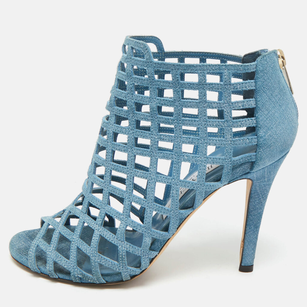 Jimmy Choo Blue Denim Dassa Peep Toe Cage Ankle Boots Size 37