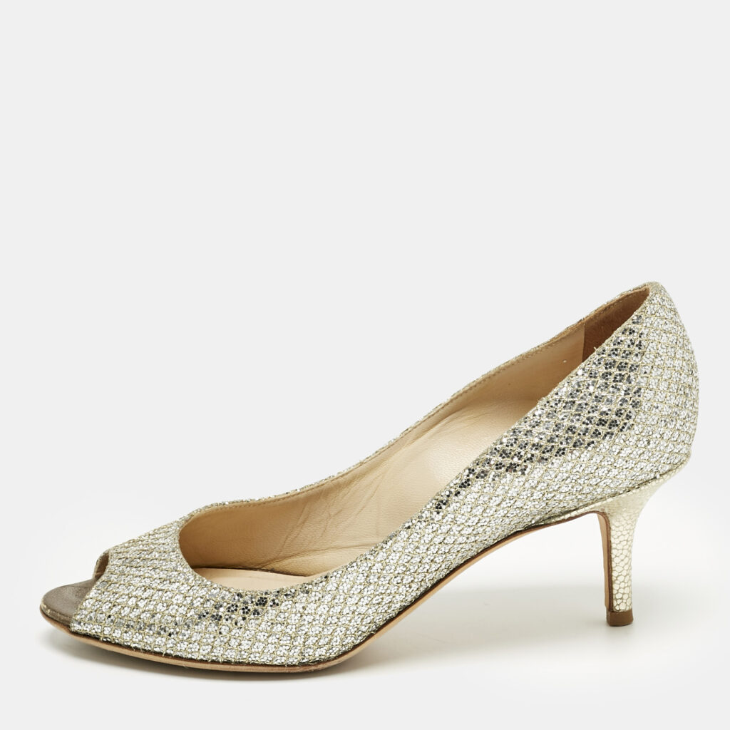 Jimmy Choo Silver Glitter Isabel Peep Toe Pumps Size 35.5 Jimmy Choo Silver Glitter Isabel Peep Toe Pumps Size 35.5