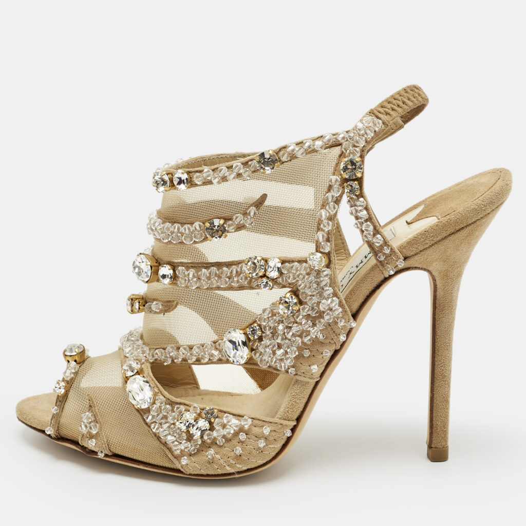 Jimmy Choo Beige Mesh and Suede Crystal Embellished Slingback Sandals Size 37 Jimmy Choo Beige Mesh and Suede Crystal Embellished Slingback Sandals Size 37