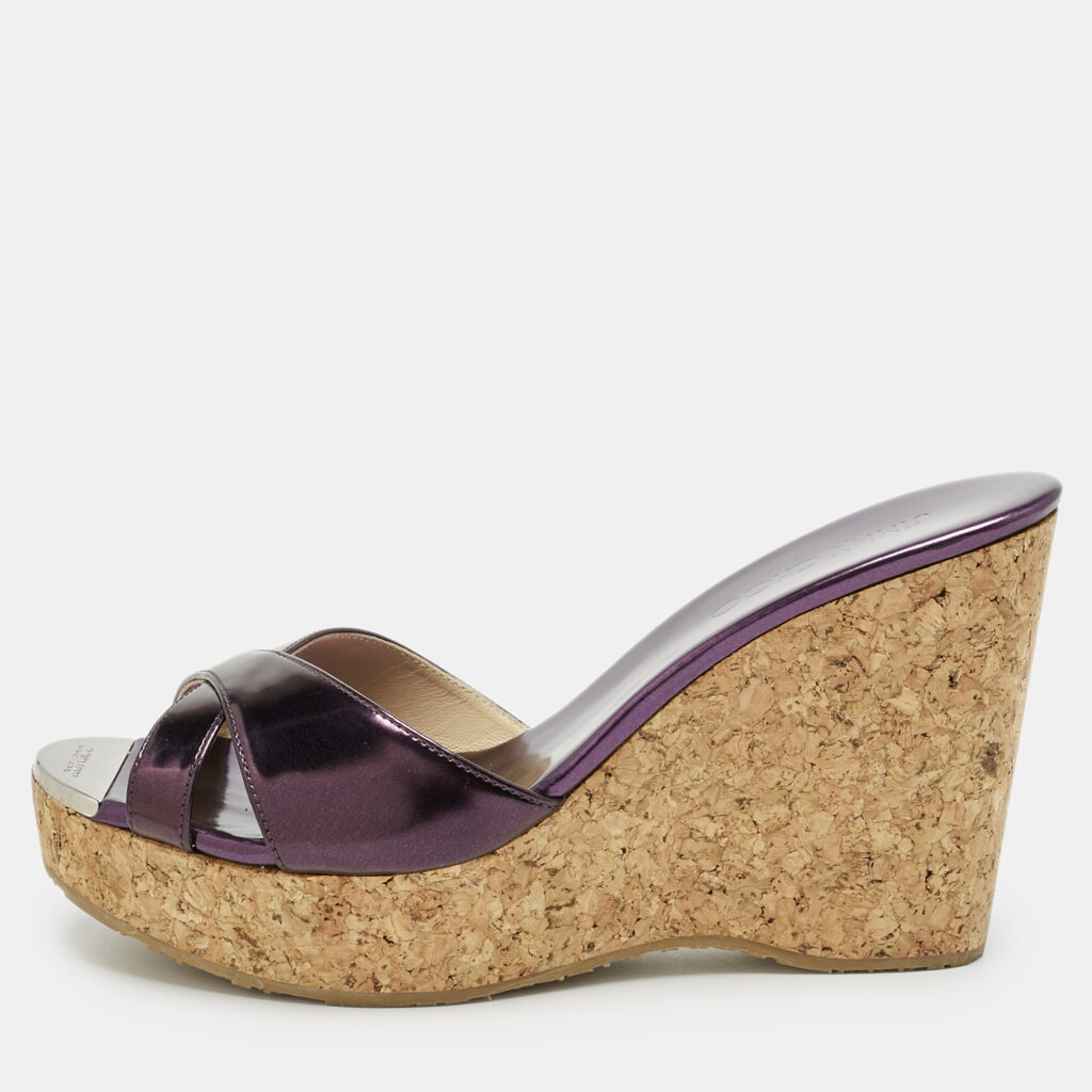 Jimmy Choo Metallic Purple Leather Perfume Wedge Sandals Size 40