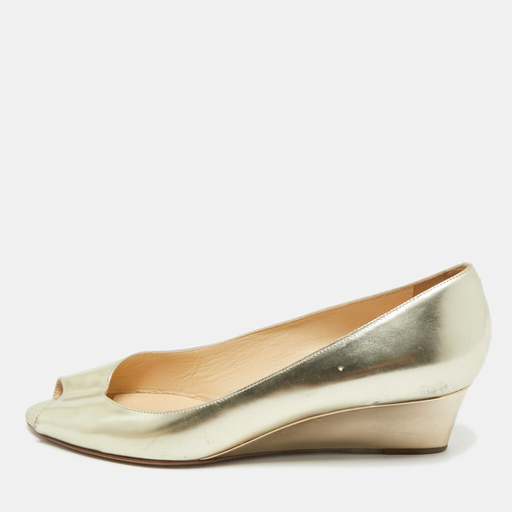Jimmy Choo Metallic Gold Leather Baxen Wedge Peep Toe Pumps 39
