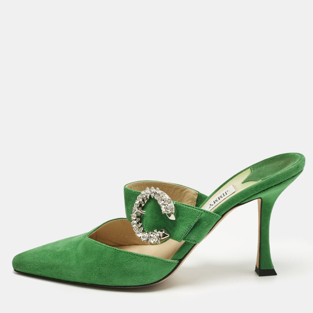 Jimmy Choo Green Suede Crystal Embellished Marta Mules Size 38 Jimmy Choo Green Suede Crystal Embellished Marta Mules Size 38